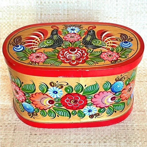Hand Painted Bentwood Box Vintage Russian Folk Art Norway Rosemaling Floral Box - Picture 8 of 8